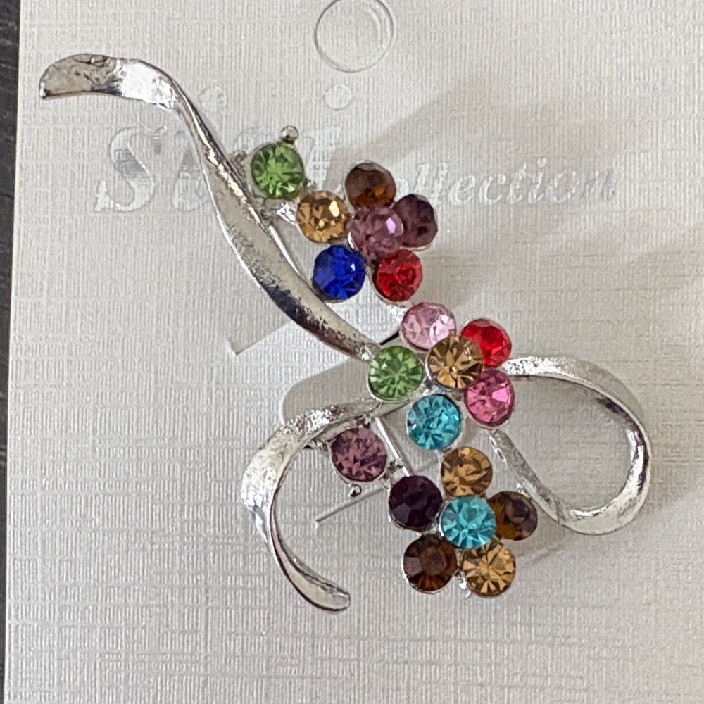Silver Floral Crystal Brooch with Multicolor Gems